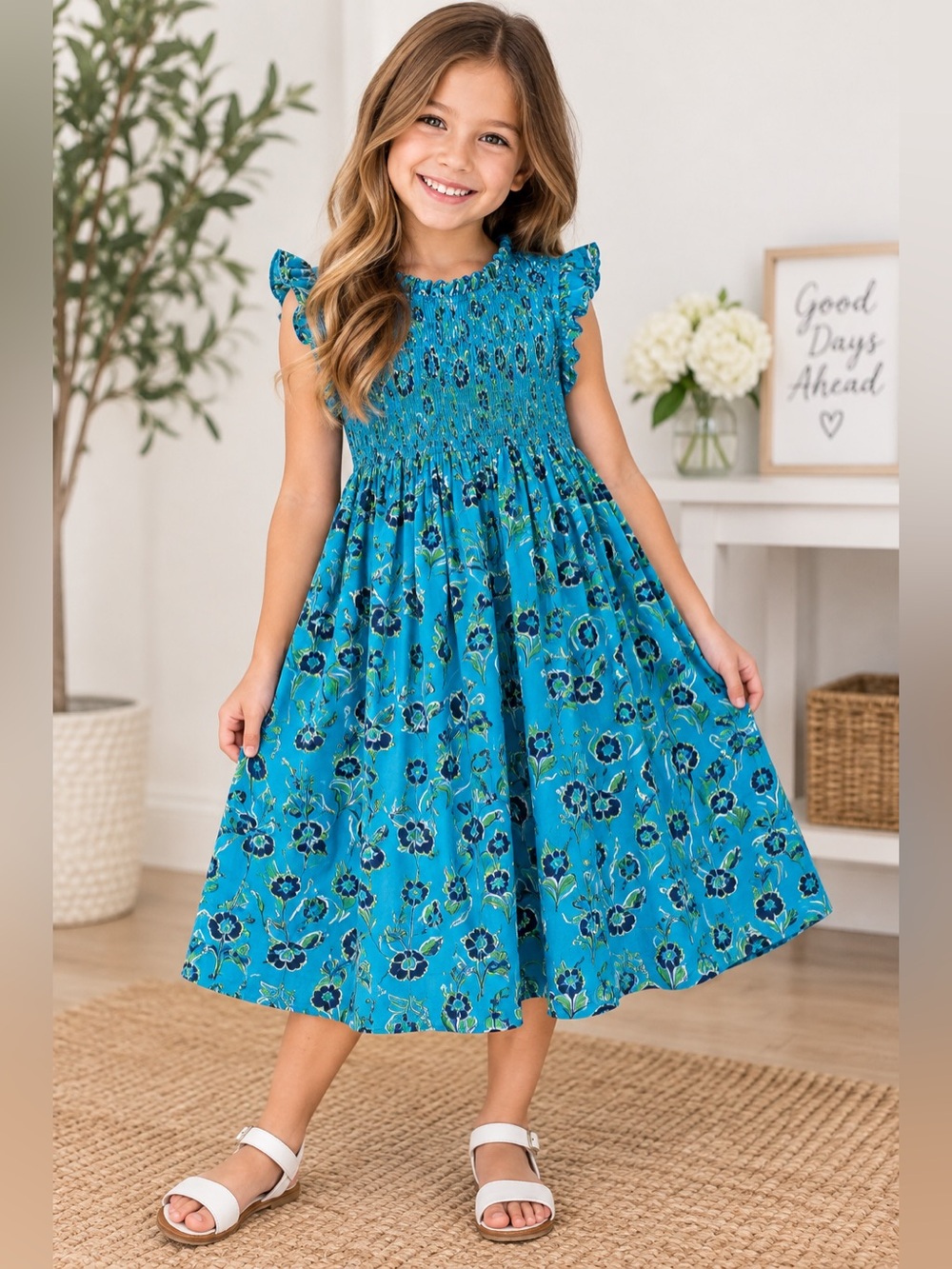 French Connection Girls S 7/8 Floral Smocked Flutter Sleeve Dress Teal Boho